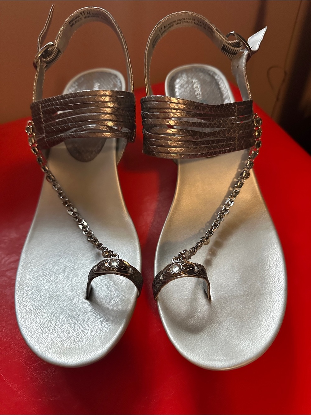 Andrew Geller Silver Metallic Chain-Trim Women's Sandals - Picture 3 of 4